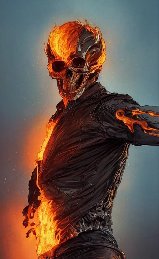 Prompt: ghost rider, highly detailed, digital painting, artstation, standing, facing camera, concept art, smooth, sharp focus, illustration, art by artgerm and alphonse mucha, high definition digital art, dramatic lighting, in the style of ilya kuvshinov and Ross tran