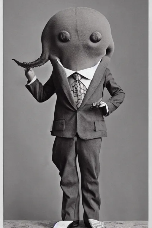 Prompt: anthropomorphic octopus wearing a suit, vintage photograph, sepia