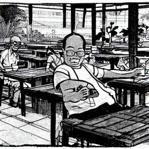 Image similar to concept art of an old singaporean man wearing a singlet drinking coffee in a hawker centre, by moebius