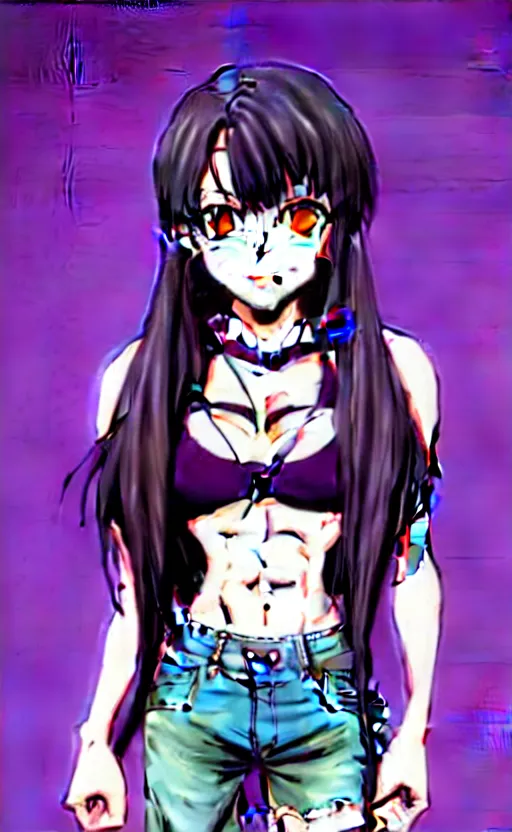 Image similar to style of madhouse studio anime, black lagoon manga, loish, artgerm, comic art, portrait of revy from black lagoon, symmetrical eyes and symmetrical face, jean shorts, white tank top, purple hair, sarcastic evil smirk on face, sky and ocean background