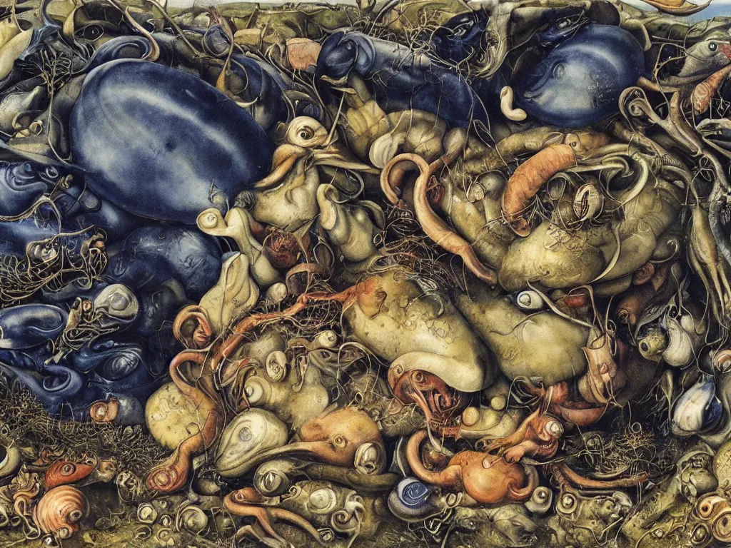 Image similar to The mollusks are reproducing. Long blue eyes. The human metropolis falls and crumbles, Autumn light, harsh. Painting by Walton Ford, Lucas Cranach, Otto Dix