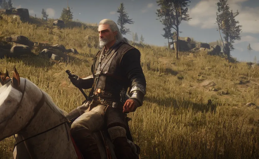 Prompt: screenshot of geralt of rivia in red dead redemption 2,