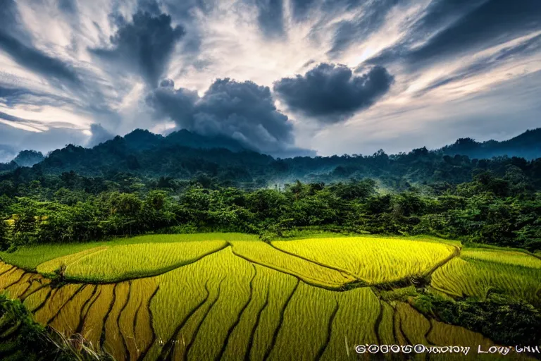 Image similar to a beautiful landscape photography of Gunung Jerai, Yan, Malaysia with a paddy field, dramatic sky, 500px, cinematic lighting, wide angle,sunrise, award winning, 8K photo realism