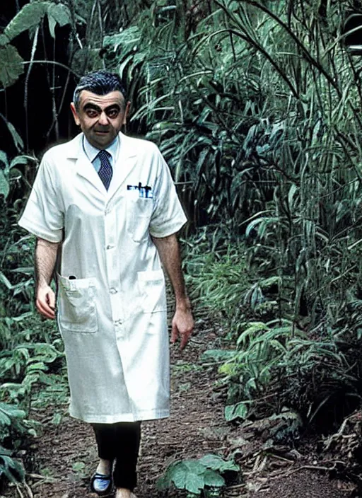 Prompt: award - winning national geographic telephoto photograph of rowan atkinson wandering through the jungle in a hospital gown. rowan appears visibly confused and lost