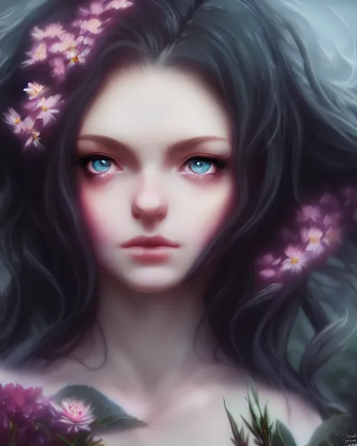 Image similar to dark angel surrounded by mist and pretty flowers, very detailed, realistic face, detailed face, matte, tonemapping, bbwchan, perfection, 4 k, cushart krenz, cinematic, atmospheric