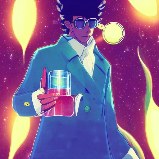 Image similar to A man drinking a cup of cosmic energy bright light by Masafumi Harada, 4k, digital art, surreal, anime style, space dandy style, highly detailed, godsend, artstation