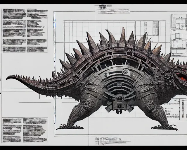 Image similar to a full page of a mechanical blueprint showing the interior of godzilla, with a big head, muted colors, post grunge, studio ghibli, hq,