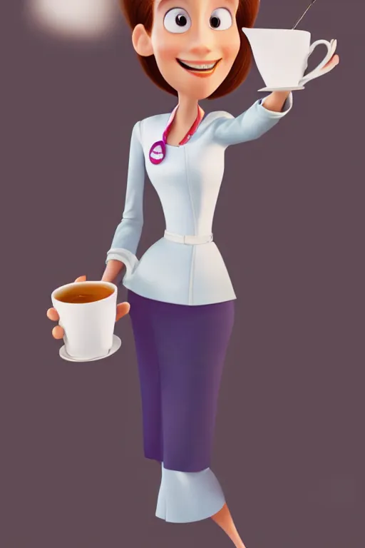 Prompt: portrait of female flight attendant working holding white teacup, full body. pixar disney 4 k 3 d render funny animation movie oscar winning trending on artstation and behance, ratatouille style