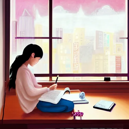 Prompt: A relaxed expressive painting of a Korean girl sat writing in a journal while wearing headphones illuminated by a desk lamp, in the background is a window overlooking a rainy city, with a cat resting on the window cill, a relaxed and dreamy atmosphere, highly detailed, 8K