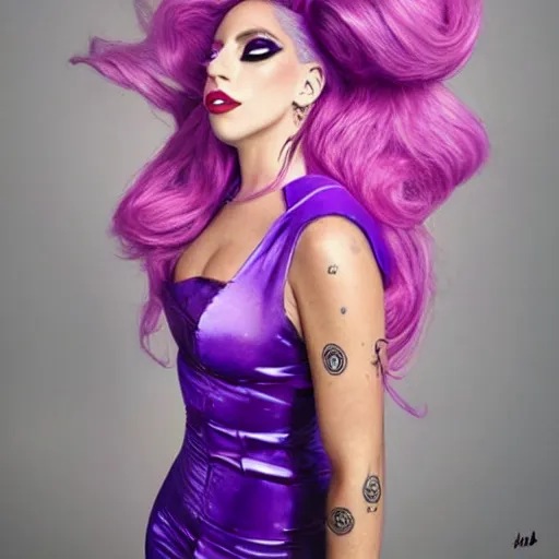 Image similar to lady gaga with pink hair wearing a purple dress, an album cover by Hedi Xandt, featured on tumblr, afrofuturism, made of rubber, made of plastic, elite