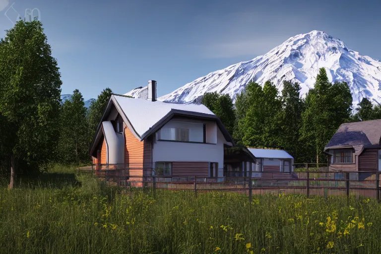 Image similar to modern fachwerk house cottage settlement with Elbrus mountain on the background, architecture, 3d render 8k , high details