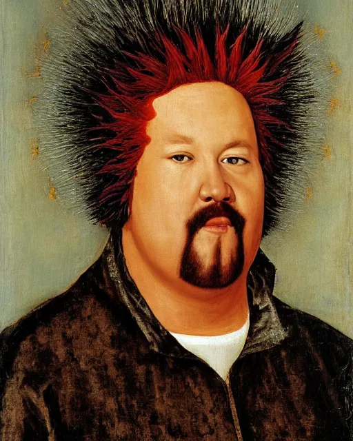 Prompt: a portrait of guy fieri painted by jan van eyck, 4 k detail, portrait