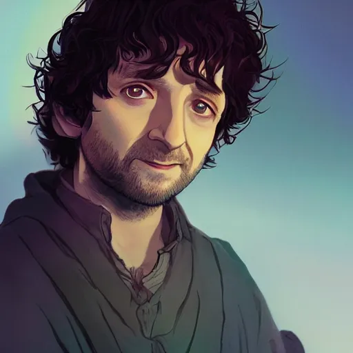 Image similar to Director Peter Jackson as Frodo Baggins, Frodo with Director Peter Jackson's beard, Frodo has Director Peter Jackson's eyes, ambient lighting, 4k, anime key visual, lois van baarle, ilya kuvshinov, rossdraws, artstation