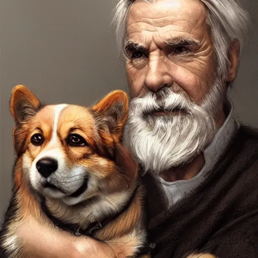 Image similar to portrait of a old, ruggedly handsome man holding a corgi dog, soft hair, muscular, half body, cloth, hairy, d & d, fantasy, intricate, elegant, highly detailed, digital painting, artstation, concept art, smooth, sharp focus, illustration, art by artgerm and greg rutkowski and alphonse mucha