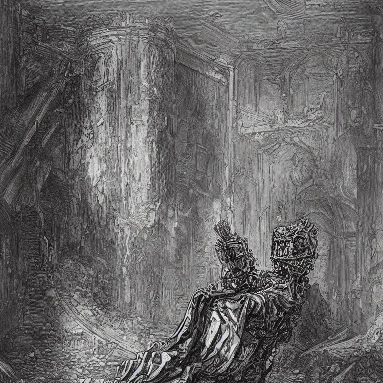 Prompt: colorful robot head in the style of gustave dore and piranesi