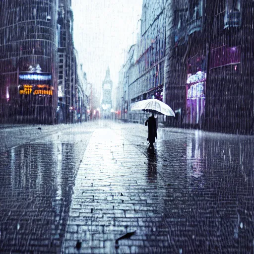 Image similar to joker walking in the rain, night life buildings, accompanied by small puppy dog in the background walking, sad mood, low angle, realistic, intricate, detailed, 4 k, 8 k, wallpaper, octane render, unreal engine, global illumination, ray tracing,