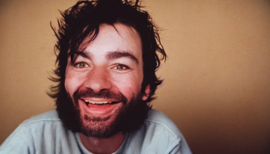 Image similar to far view, extremely skinny malnourished jimmy fallon with long beard, wearing dirty overalls, dirty greasy face, grin, portrait, close up, kodak gold 2 0 0, 5 0 mm,