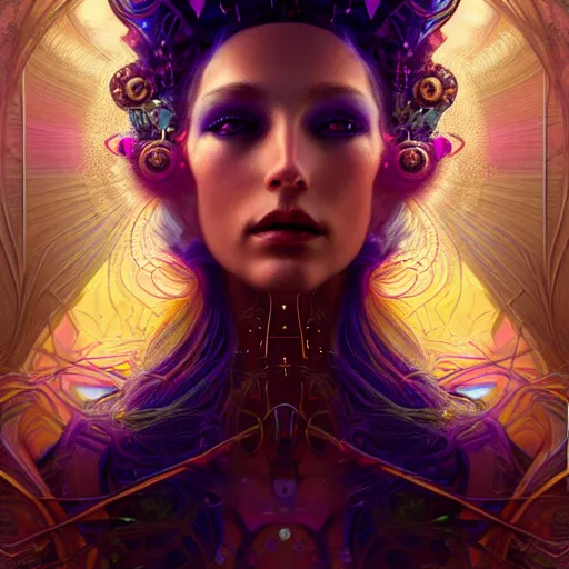 Image similar to extremely psychedelic beautiful cyborg queen of lsd infected by night. intricate, elegant, highly detailed, extremely lifelike photorealistic digital painting, artstation. steichen, gaston bussiere, tom bagshaw, cyberpunk alphonse mucha. elegant minimalism. anatomically correct. sultry. sharp focus. gold. surreal lush hallucination