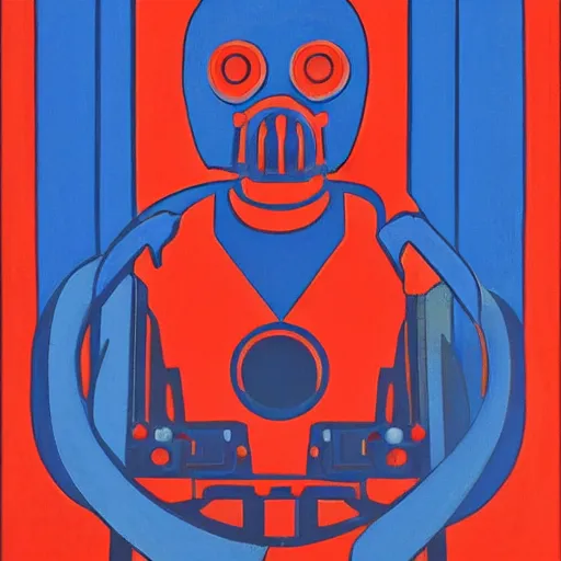 Image similar to symmetrical blue and red, mysterious figure looking at a distant machine, art