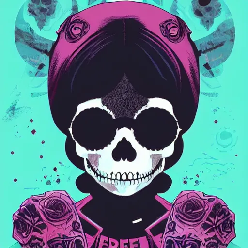 Prompt: portrait skull girl disney by petros afshar, tom whalen, mucha, laurie greasley, war face by greg rutkowski