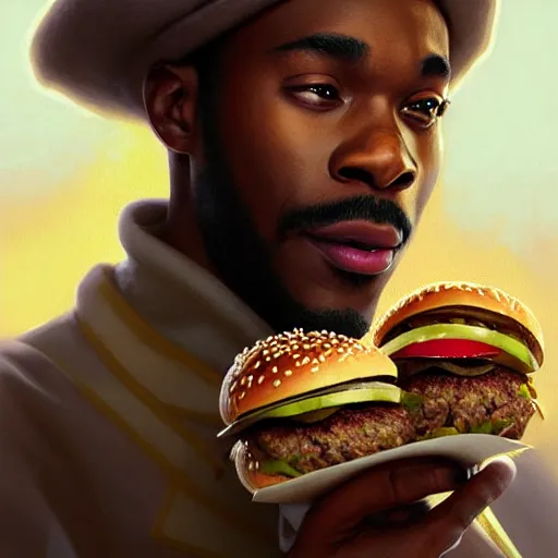 Prompt: portrait of tyrone biggums eating hamburgers, extra onions and ketchup, luscious patty with sesame seeds, ethereal, handsome, d & d, fantasy, intricate, elegant, highly detailed, digital painting, artstation, concept art, matte, sharp focus, illustration, art by artgerm and greg rutkowski and alphonse mucha