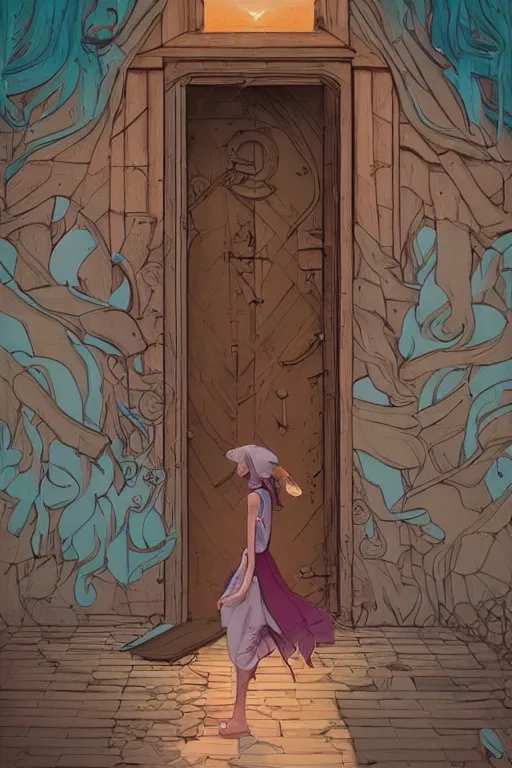 Prompt: a girl walking to a giant wooden door with archaic symbols embedded onto, digital art, very graphic illustration by peter mohrbacher and victo ngai and jean giraud, drawing, clean line, hd, colorful comics style