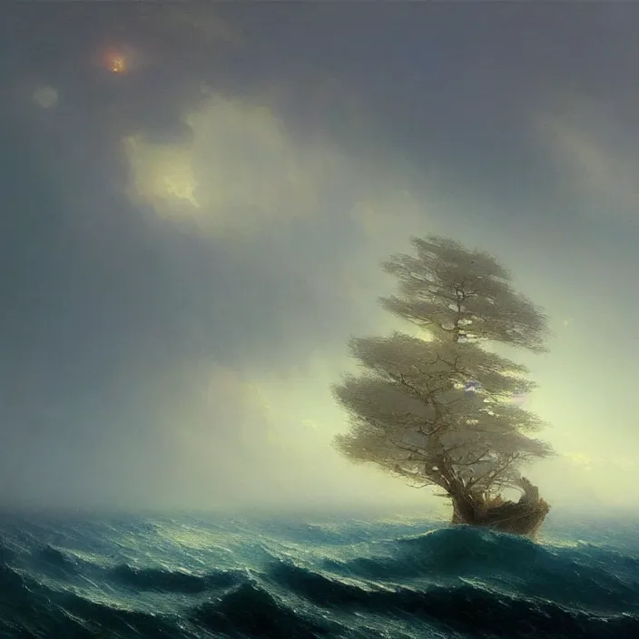 Image similar to a beautiful painting of the world tree on the red sea by ivan aivazovsky and greg rutkowski! and james gurney, in style of impressionism. highly detailed face. fantasy, elden ring, hyper detailed, sharp focus, soft light. ray tracing. trending on artstation. oil on canvas