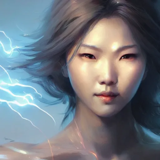 Image similar to asian female lightning elemental, lifelike, portrait, highly detailed, digital painting, artstation, concept art, sharp focus, illustration, cinematic lighting, art by artgerm and greg rutkowski and alphonse mucha