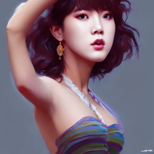 Image similar to wide angle full body portrait of Park Jimin of BTS, with a perfect face and perfect body, thin waist, plump lips, intricate, single face, wearing greek Palla, highly detailed, digital painting, artstation, concept art, smooth, sharp focus, illustration, Unreal Engine 5, 8K, art by artgerm and greg rutkowski and alphonse mucha
