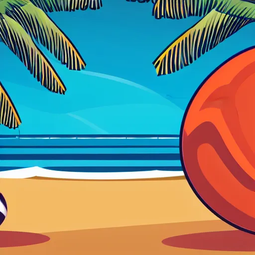 Prompt: waves in bottom front of a palm tree in front of a giant volleyball with seams vector logo, professional sports style, flat colour, svg, professional, sharp edges