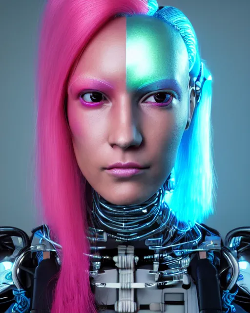 Image similar to portrait of a beautiful peruvian woman with pink hair as a cyberpunk cyborg half robot, revealing wires and electronics, hooked - up, sci - fi, missing panels, intricate abstract upper body intricate artwork, concept art, octane render, deviantart, cinematic, key art, hyperrealism, iridescent accents, portrait photograph, nikon 3 5 mm, photograph by greg rutkowski