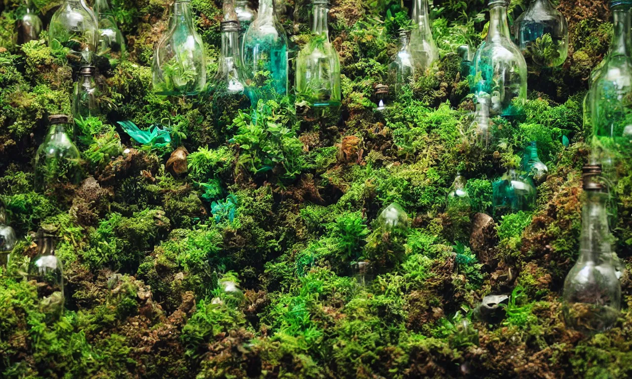 Prompt: terrarium worlds made of lush rainforests in mccartney bottles 8 k /