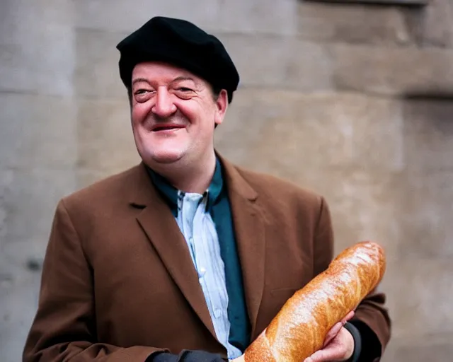 Image similar to stephen fry dressed like a stereotypical frenchman wearing a beret and holding a baguette, 8 5 mm f / 2. 4, photograph, color photo, paris