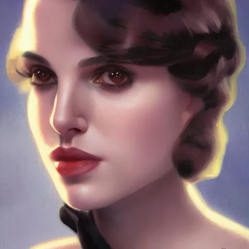 Image similar to a closeup portrait of a young natalie portman, 1 9 2 0 s, femme fatale, detective thriller, gorgeous view, night, film noir, eerie, high detail, art by artgerm and greg rutkowski and alphonse mucha, digital art, trending on artstation