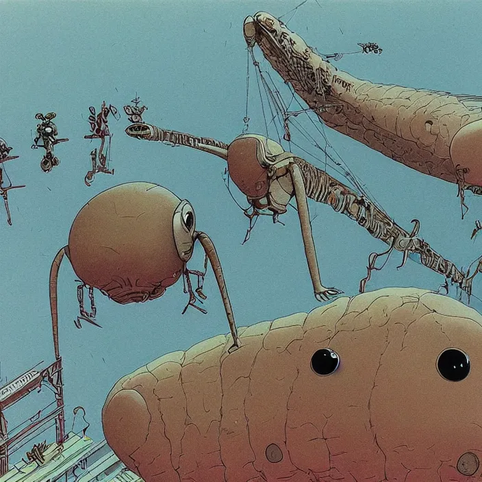 Prompt: close up of human airplane with big eyes watching a screen with flight information. painting by moebius, miyazaki, roger dean