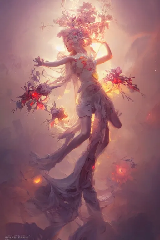 Image similar to beautiful girl necromancer exploding into flowers, angels, 3 d render, hyper - realistic detailed portrait, holding electricity and birds, ruan jia, wlop. scifi, fantasy, hyper detailed, octane render, concept art, peter mohrbacher