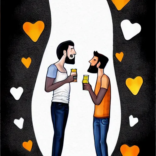 Image similar to two beautiful chad men drinking beers, many white hearts, friendship, love, sadness, dark ambiance, concept by Godfrey Blow, featured on deviantart, drawing, sots art, lyco art, artwork, photoillustration, poster art