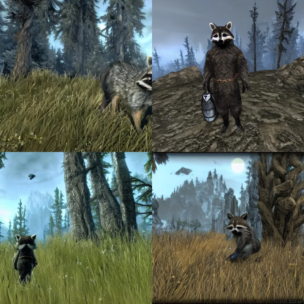 Prompt: a raccoon going to Whiterun in Skyrim