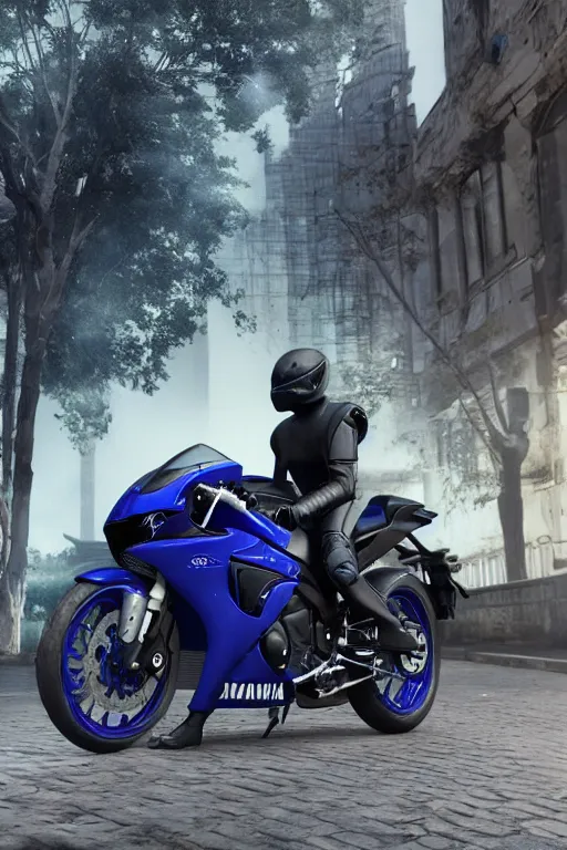 Image similar to a Crow riding a blue Yamaha R1, hyperrealistic, concept art, octane render, unreal engine 5, trending on DeviantArt, highly detailed, high quality, 8K, soft lighting, cute, natural lighting, realistic face, trending on Artstation, elegant clothes, profile picture, path traced, house background