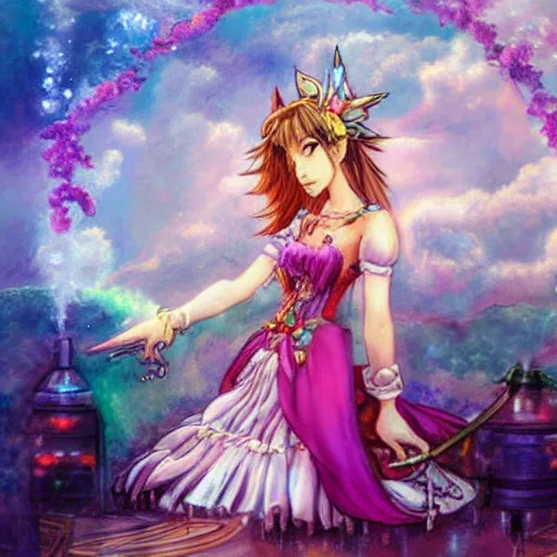 Image similar to a dreamy colorful drawing of aerith gainsborough from from final fantasy 7 with the steam punk city midgard as backdrop by master artist yoshitaka amano