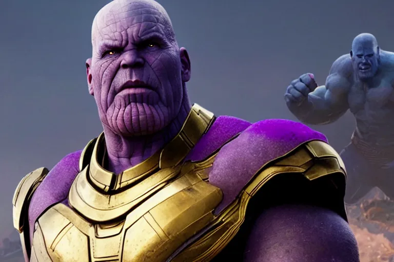 Image similar to promotional image of bald Bjork as Thanos in Avengers: Endgame (2019), purple skin color, golden plate armor, stern expression, movie still frame, promotional image, imax 70 mm footage