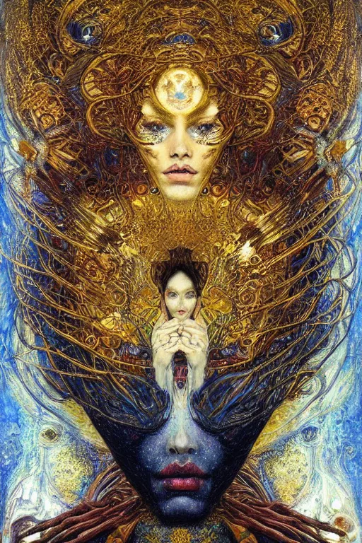 Image similar to Divine Chaos Engine by Karol Bak, Jean Deville, Gustav Klimt, and Vincent Van Gogh, beautiful visionary mystical portrait, sacred, otherworldly, fractal structures, surreal, dreamscape, ornate gilded medieval icon, third eye, spirals