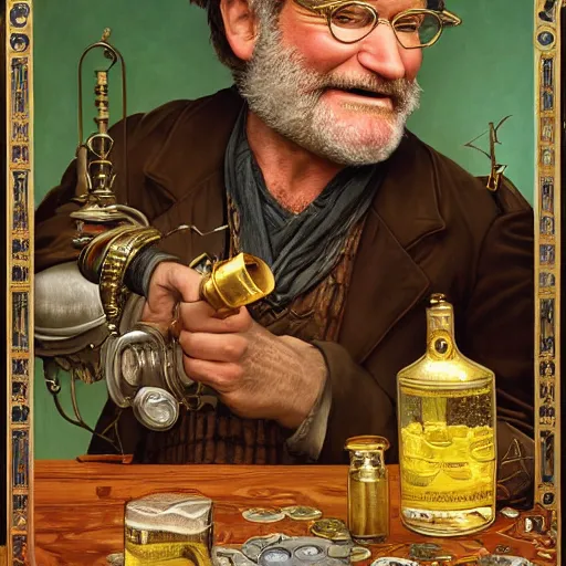 Prompt: an ultradetailed portrait of robin williams dressed as an alchemist, brewing potions in a workshop, d & d, fantasy, intricate, elegant, highly detailed, digital painting, matte, sharp focus, illustration, art by john collier and albert aublet and krenz cushart and artem demura and alphonse mucha