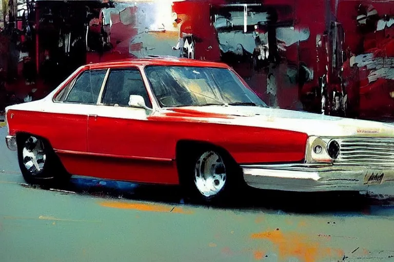 Prompt: red car, white background!!!!!!!!!!, style by John Berkey