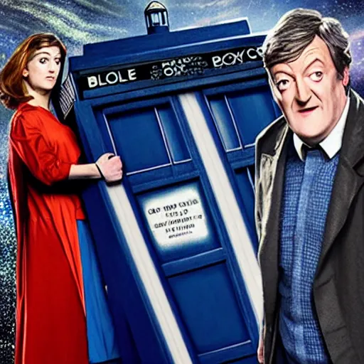 Prompt: stephen fry as doctor who, bbc promotional artwork, full cast shot