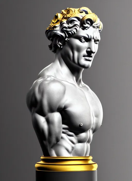 Prompt: stylized gold onyx ornate statue bust made of marble of hercules, perfect symmetrical body, perfect symmetrical face, hyper realistic, hyper detailed, by johannen voss, by michelangelo, octane render, blender, 8 k, displayed in pure white studio room