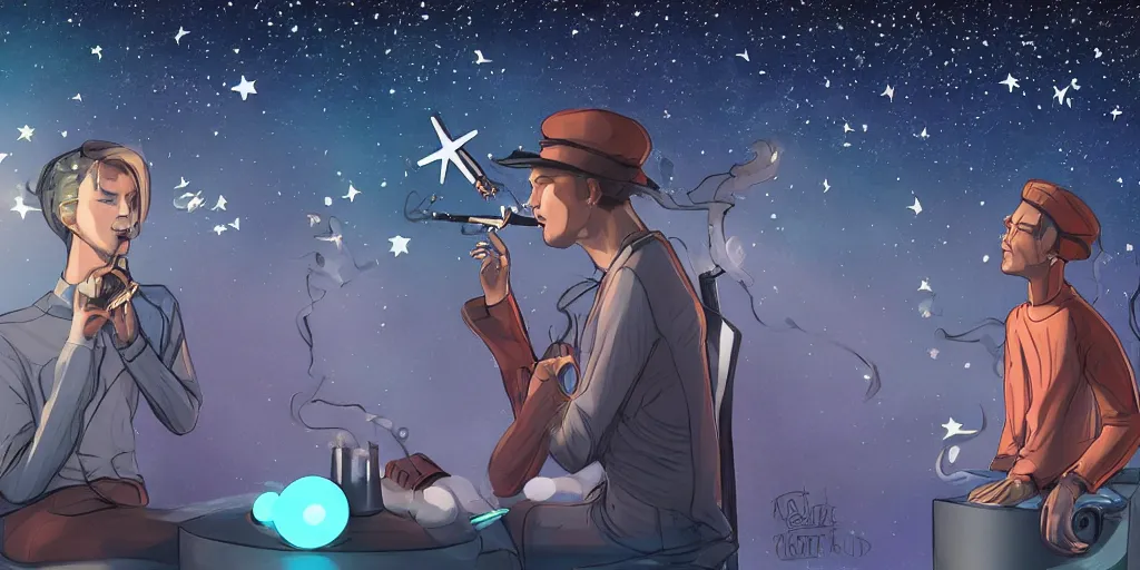 Image similar to digital art, trending on artstation, androids smoking hookahs while looking at the sky full of stars