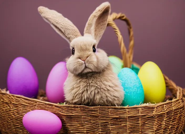 Image similar to a 3 5 mm photo of a cute fluffy lop eared bunny sitting in an easter basket full of colorful easter eggs, bokeh, canon 5 0 mm, cinematic lighting, film, photography, golden hour, depth of field, award - winning