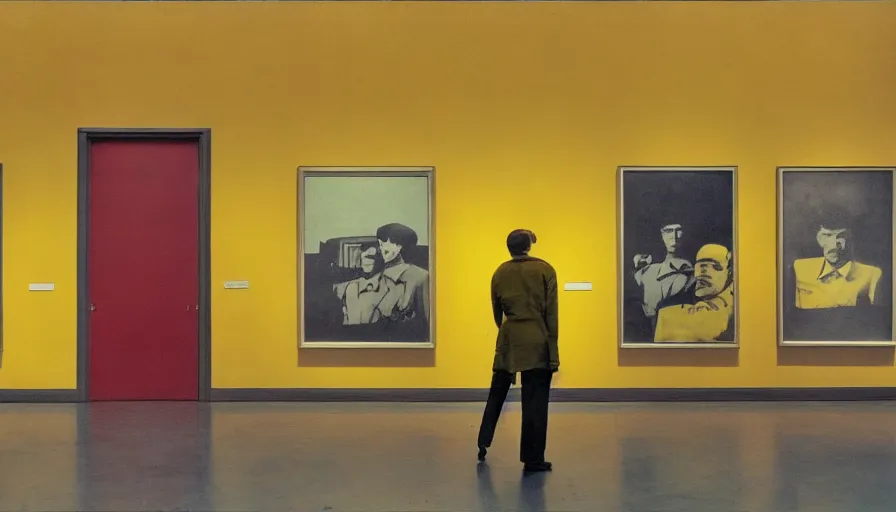 Image similar to 60s movie still of a sovietic stalinist style empty art museum with a soviet congress with yellow wall, eastmancolor, liminal Space style, heavy grain