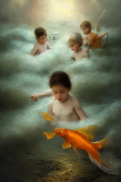 Prompt: breathtaking detailed soft painting of children seeing golden fishes in the blue shore, with flower foam lullaby and wind with wings, rembrandt style, elegant, highly detailed, artstation, concept art, matte, sharp focus, art by tom bagshaw, and greg rutkowski